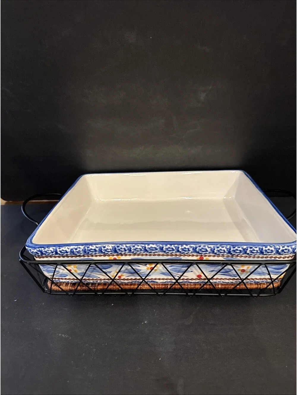 Temp-tations By Tara Old World Blue Large Baking Dish with Wire Holder 5 Qt